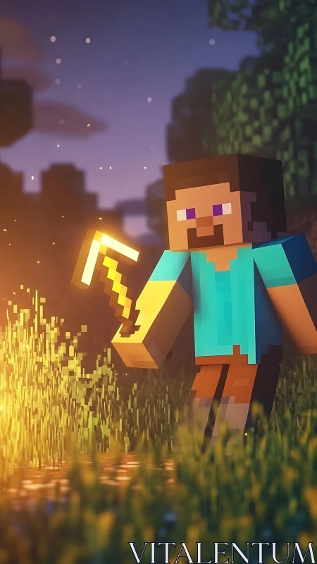 Voxel explorer with glowing pickaxe in cinematic dusk lighting