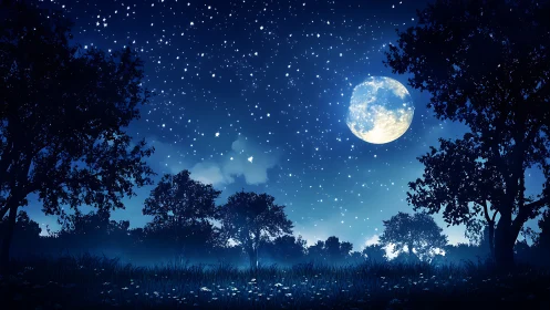 Moonlit woodland meadow under dense starry night sky.