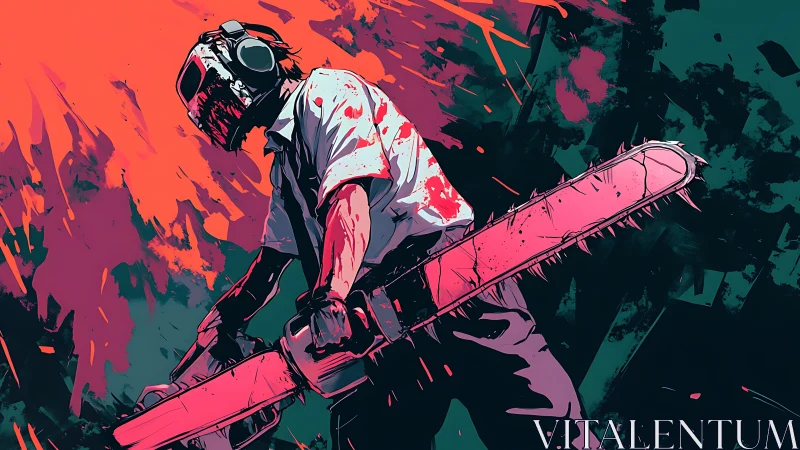 Chainsaw-wielding figure rendered in high-contrast neo-noir palette