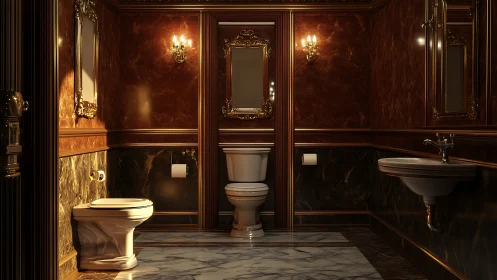 Opulent marble bathroom glows with rich golden lighting.