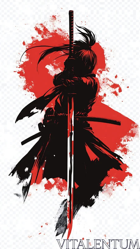 Samurai silhouette with sword over bold red splatter.