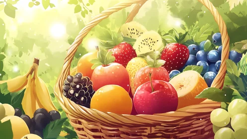 Sunlit orchard bounty overflowing in a gleaming fruit basket.