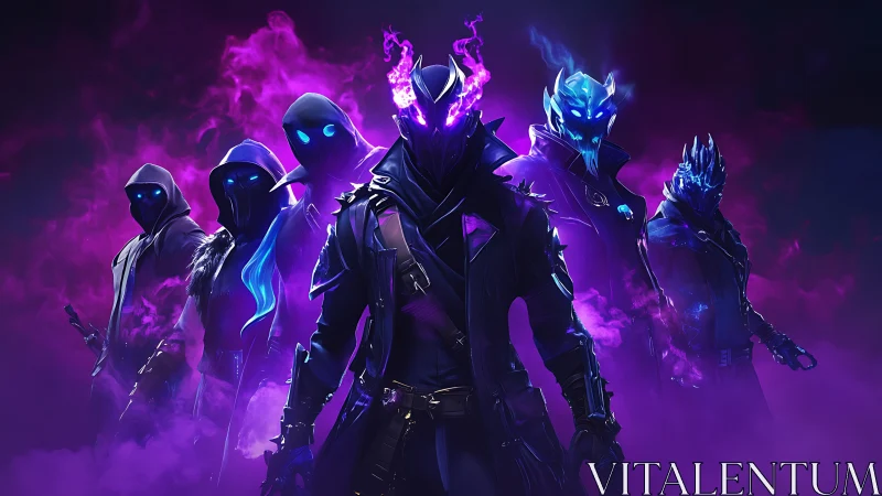 Shadowy neon warriors emerge from violet spectral fog.