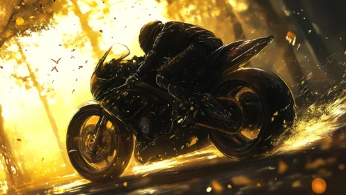 Motorcyclist carves through golden light on a wet city street