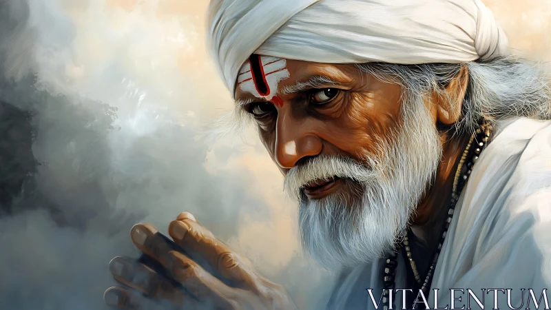 Reverent elder in white turban within misted ambience.