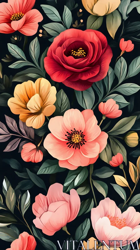 Layered Botanical Composition: Deep Crimsons and Warm Blossoms on Dark Ground.