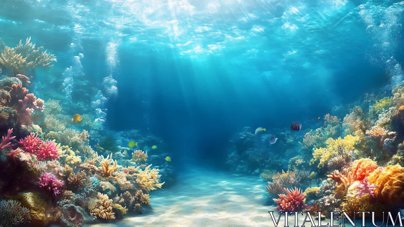 Sunlit coral reef panorama with vibrant tropical fish life.