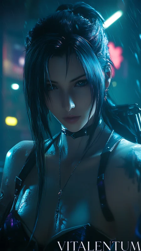 Neon-soaked cyberpunk heroine under rain-drenched lights.