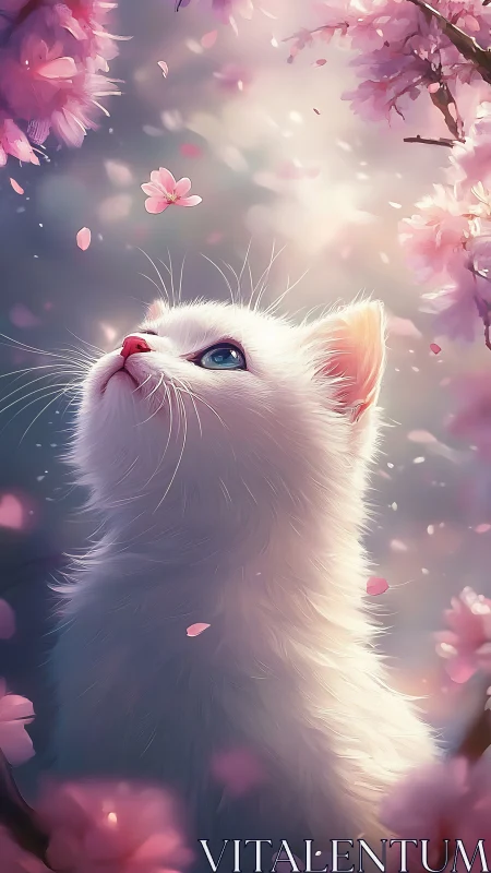 White Cat Gazing Upward Through Pink Floral Garden.