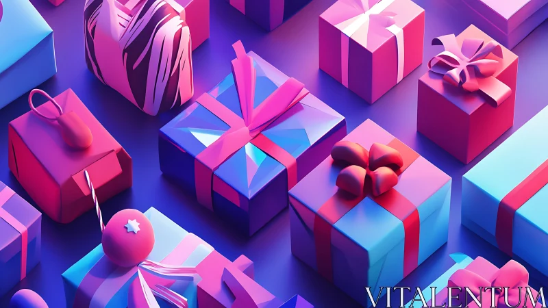 Colorful 3D gift boxes glow under neon pink and blue light