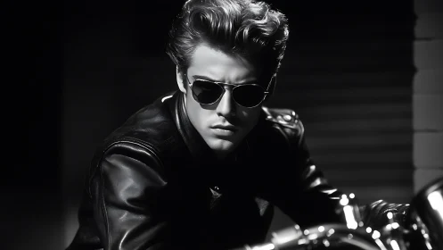 High-contrast monochrome biker portrait with directional rim lighting