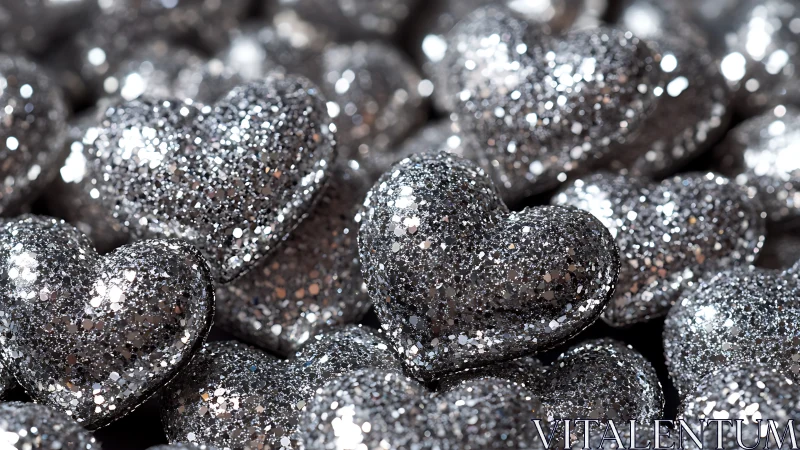 Cluster of silver glitter hearts in tight close-up.