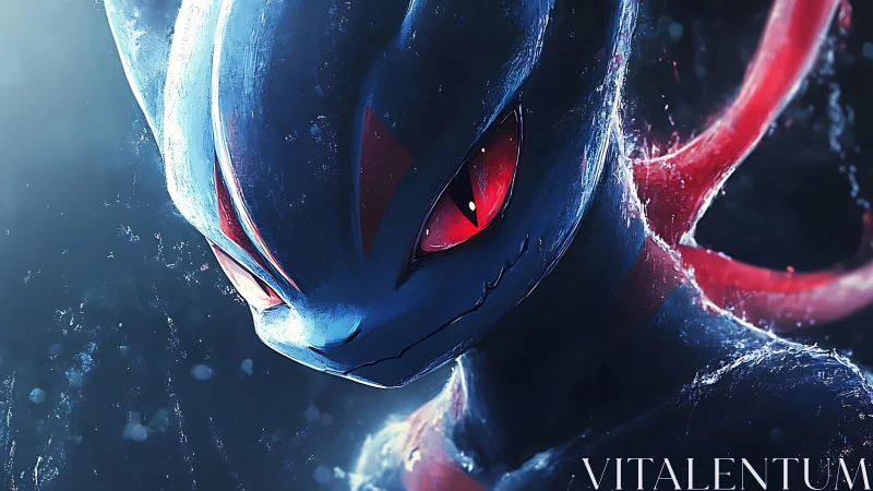 Bioluminescent creature portrait with intense red gaze.