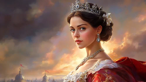 Regal young queen in jeweled crown at luminous sunset.