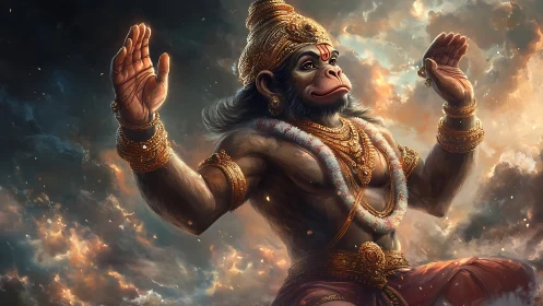 Mythic monkey warrior deity raises both hands in clouds