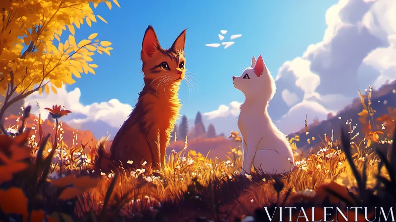 Sunlit fox and white cat share quiet meadow horizon.