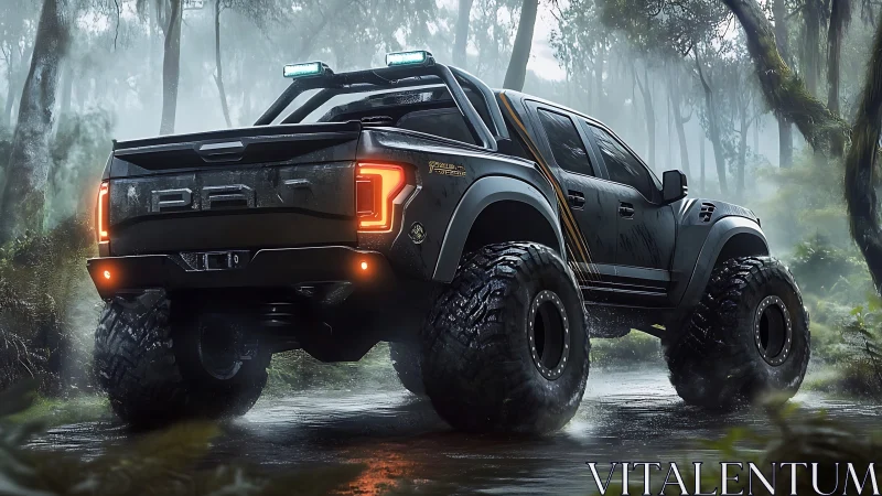 Wild jungle truck pauses in misty forest trail calm.
