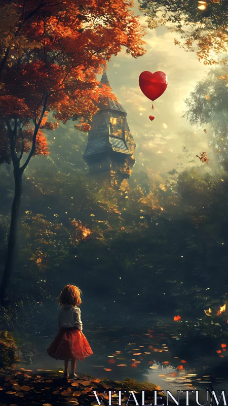 Heart balloon over autumn tower and reflective forest pool.