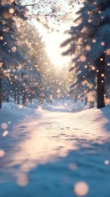 Snowlit forest path where dawn sprinkles floating embers.