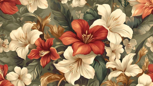 Vintage Floral Arrangement with Red Lilies and Cream Blooms