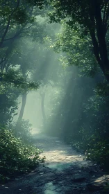 Luminescent forest canopy with volumetric light penetration.