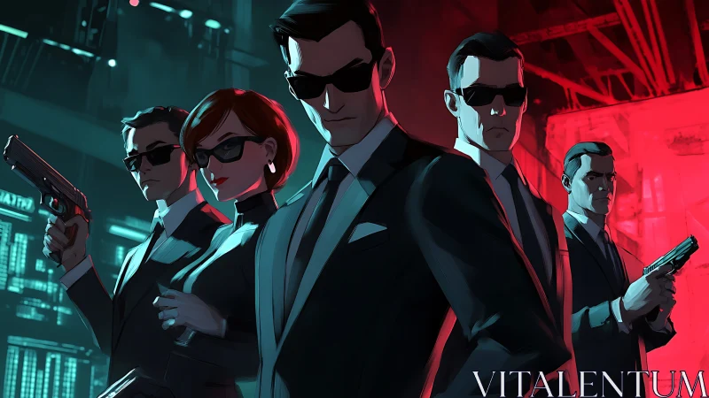 Stylized suited agents in tense neon-lit standoff scene.