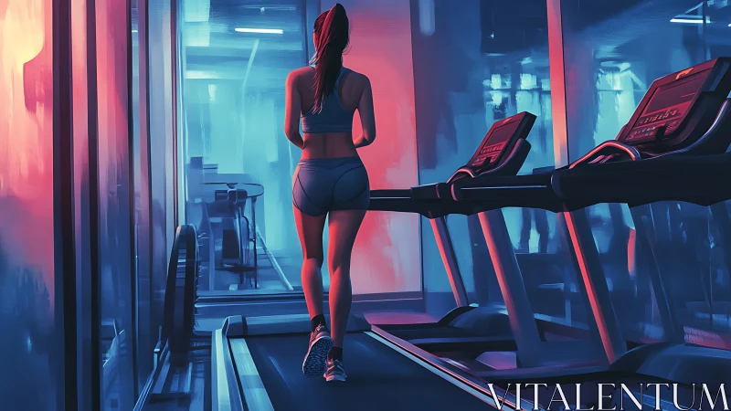 Neon treadmill dreamscape with lone runner in glowing gym.