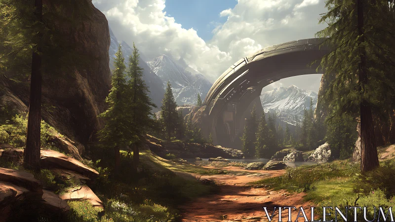 Futuristic ring bridge curves above serene alpine forest.