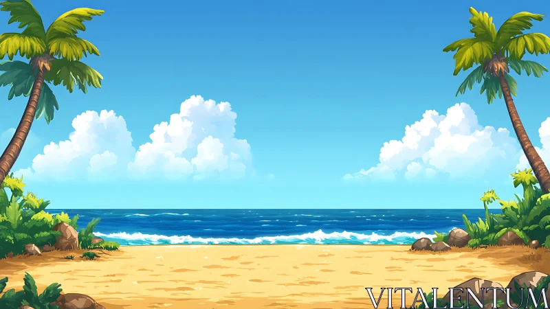 Tropical Beach Diorama with Bilateral Palm Composition and Cumulus Sky