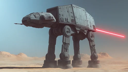 Armored sci‑fi walker advances across a hazy desert battlefield