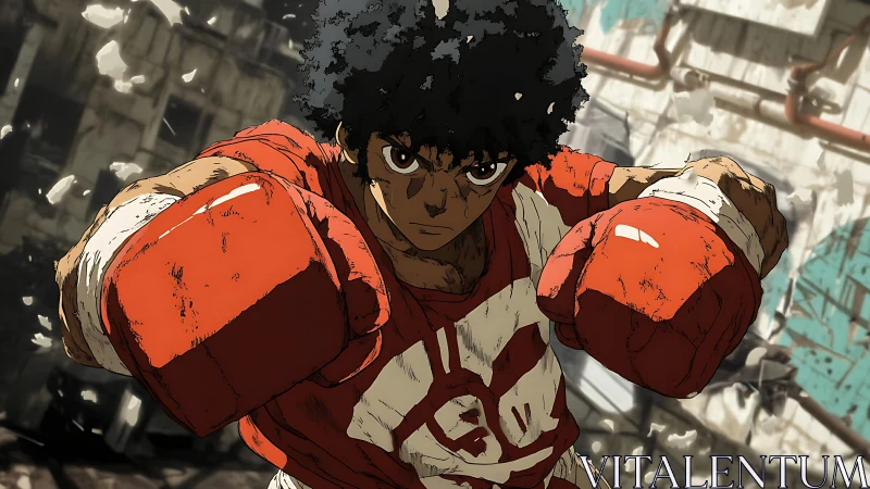 Anime boxer in red gloves positioned in forward punch stance.