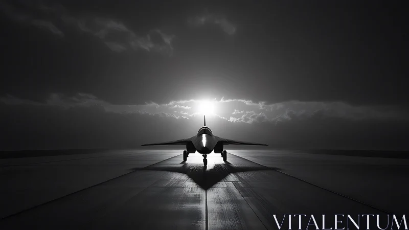Solitary jet waits on a dim runway beneath a glowing horizon