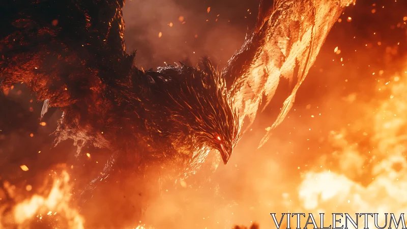 Fiery phoenix entity emerges from inferno in dynamic perspective