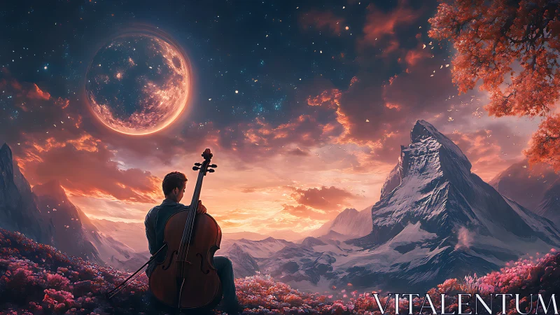 Cellist under twin moonrise in luminous alpine dreamscape.