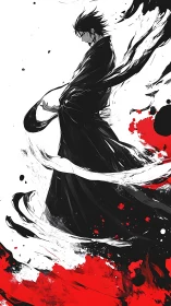 Dynamic ink-splatter samurai silhouette with high contrast motion