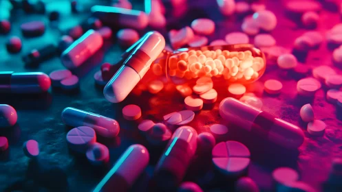 Assorted Capsules and Tablets in Neon Lighting, Modern Style.