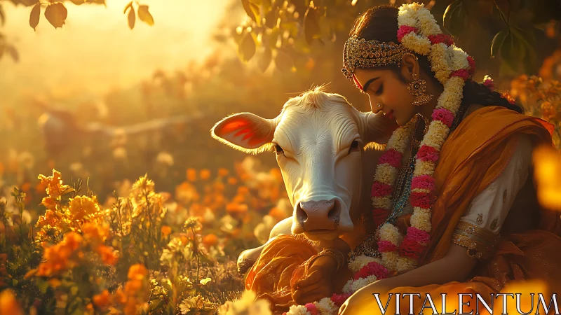 Woman in traditional attire with cow in flower field at dusk.