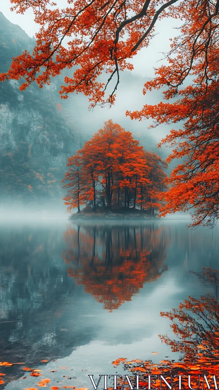 Island of red autumn trees mirrored in still lake water.
