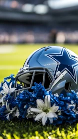 Silver football helmet with star logo resting in flowers.