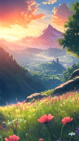 Sunlit alpine valley with wildflowers and distant peak.