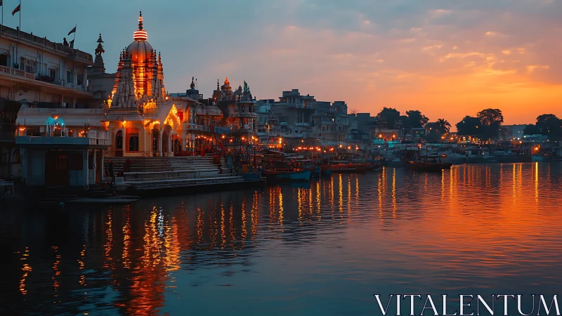 Riverside temple architecture illuminated against a saturated sunset