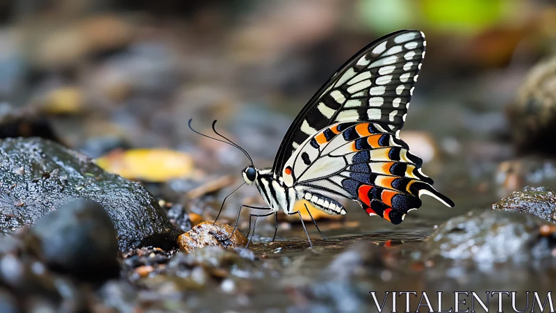 Colorful butterfly sipping quietly by a gentle stream bank.