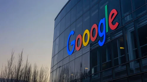 Corporate twilight with Google’s bright candy letters aglow.