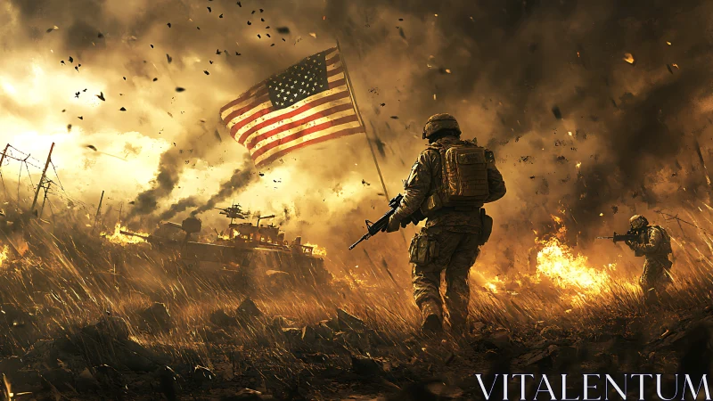 Combat infantry advance beneath turbulent flag in firestormed theater.