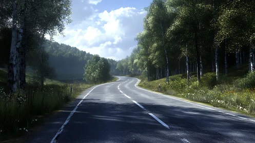 Sunlit forest road curling toward a quietly bright horizon.