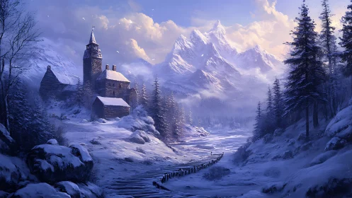 Snowbound mountain keep overlooks frozen river valley.