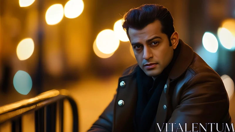 Moody street portrait with shallow depth and warm bokeh lighting