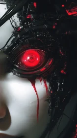 Cyborg eye glows red amid bleeding synthetic flesh