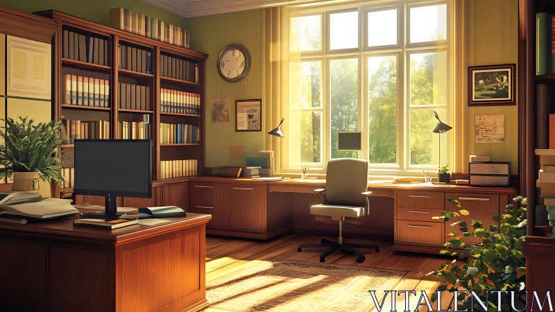 Sunlit home office with wooden desks and bookshelves.