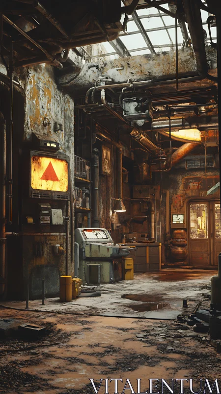 Rusty industrial workshop glows with quiet post-apocalyptic light